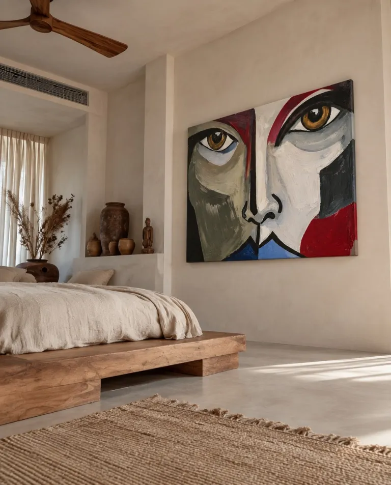 ASPECTUS by Maurizio Valch installed on a light wall in a Mediterranean-style bedroom with a wooden bed, neutral textiles and ceramics.