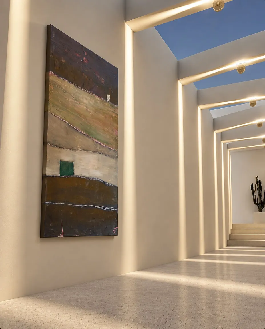 QUIES de Maurizio Valch, pintura abstracta vertical con estratos oscuros y terrosos, líneas claras irregulares y bloques blanco y verde, instalada en un pasillo contemporáneo de paredes claras.