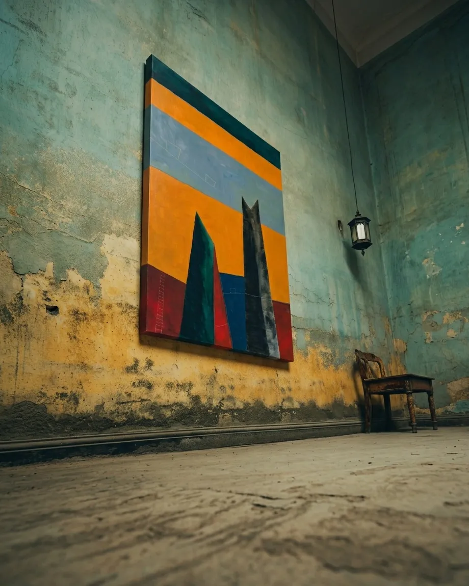 Side view of CUSTODES by Maurizio Valch on a worn greenish-blue wall, with a chair and lamp in the background; the canvas’s left edge is visible.