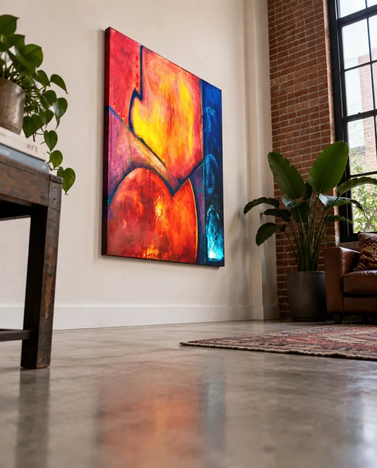 VERSUM painting hanging on the wall of a modern industrial loft living room with a leather sofa, ethnic rug, large green plant, and exposed brick window.