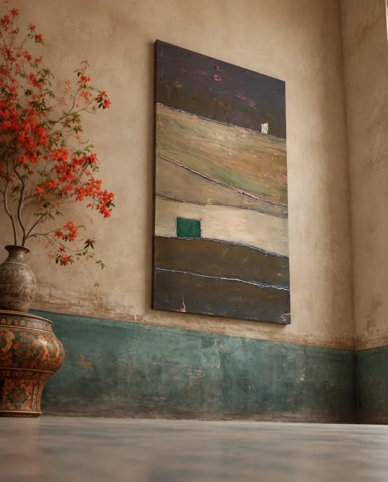 QUIES, a vertical abstract painting by Maurizio Valch, hanging on an aged beige-and-green wall beside a large decorative vase with branches of red flowers.