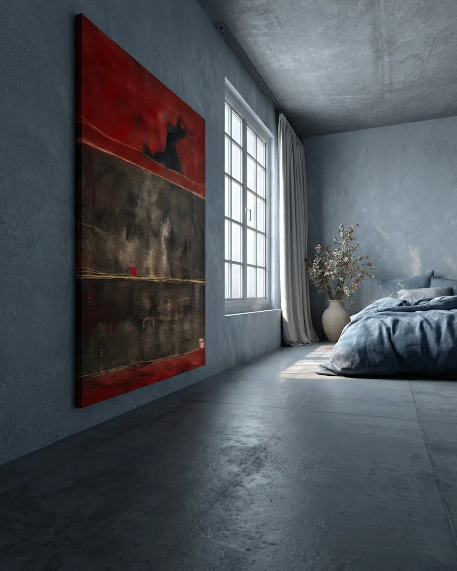 Gran lienzo abstracto de Maurizio Valch colgado en la pared azul grisácea de un dormitorio minimalista de estética fría y depurada junto a una ventana.