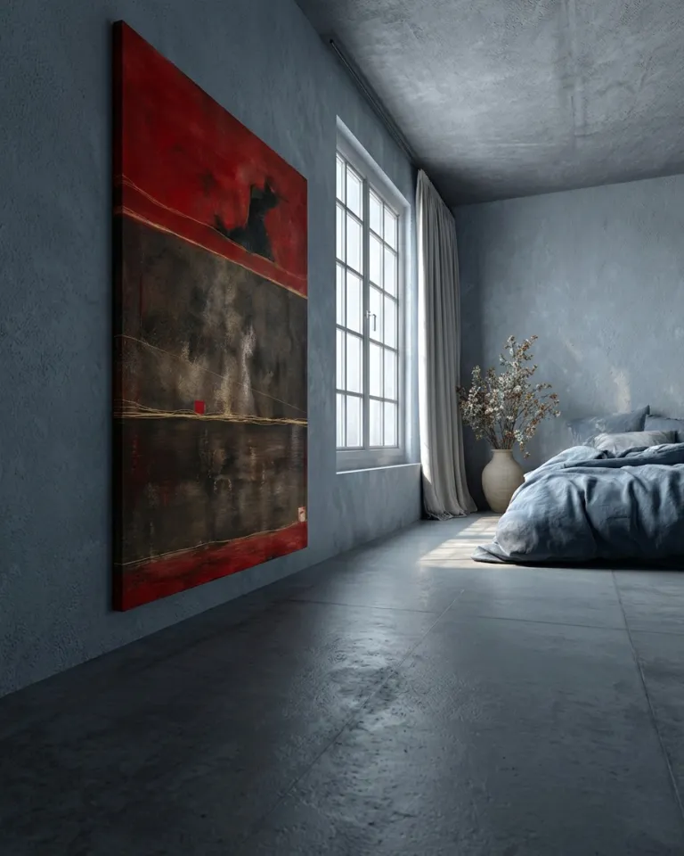 Large abstract canvas by Maurizio Valch hanging on the blue-gray wall of a minimalist bedroom with a cool, refined aesthetic next to a window.