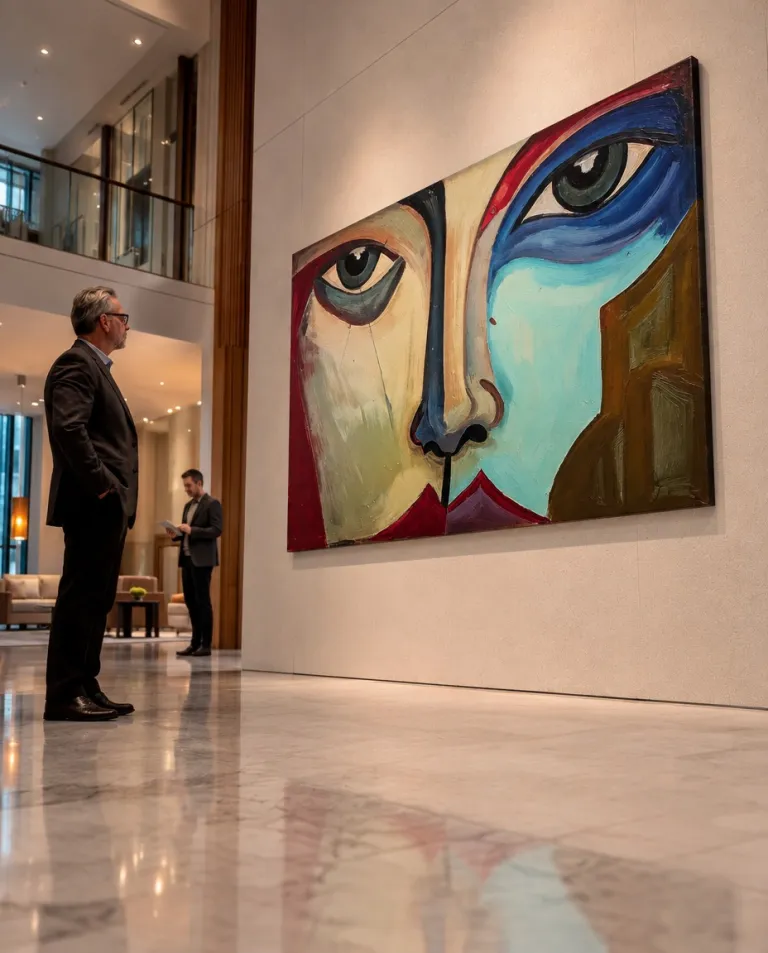 SIMULACRUM de Maurizio Valch, pintura de rostro abstracto fragmentado en carmín, ocre, azul y turquesa, instalada en el muro de un vestíbulo contemporáneo junto a un visitante.