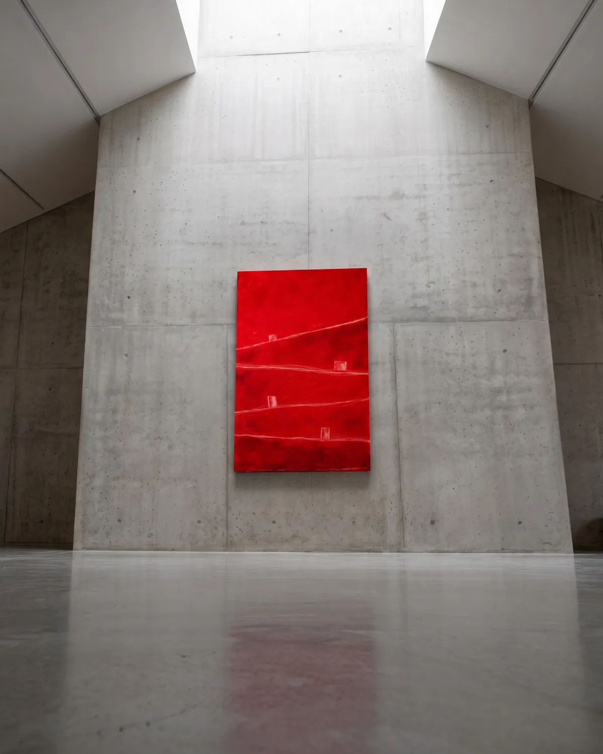 La pintura abstracta roja ATHAR colgada de un monumental muro de hormigón visto gris bajo una claraboya en una galería de estilo industrial.