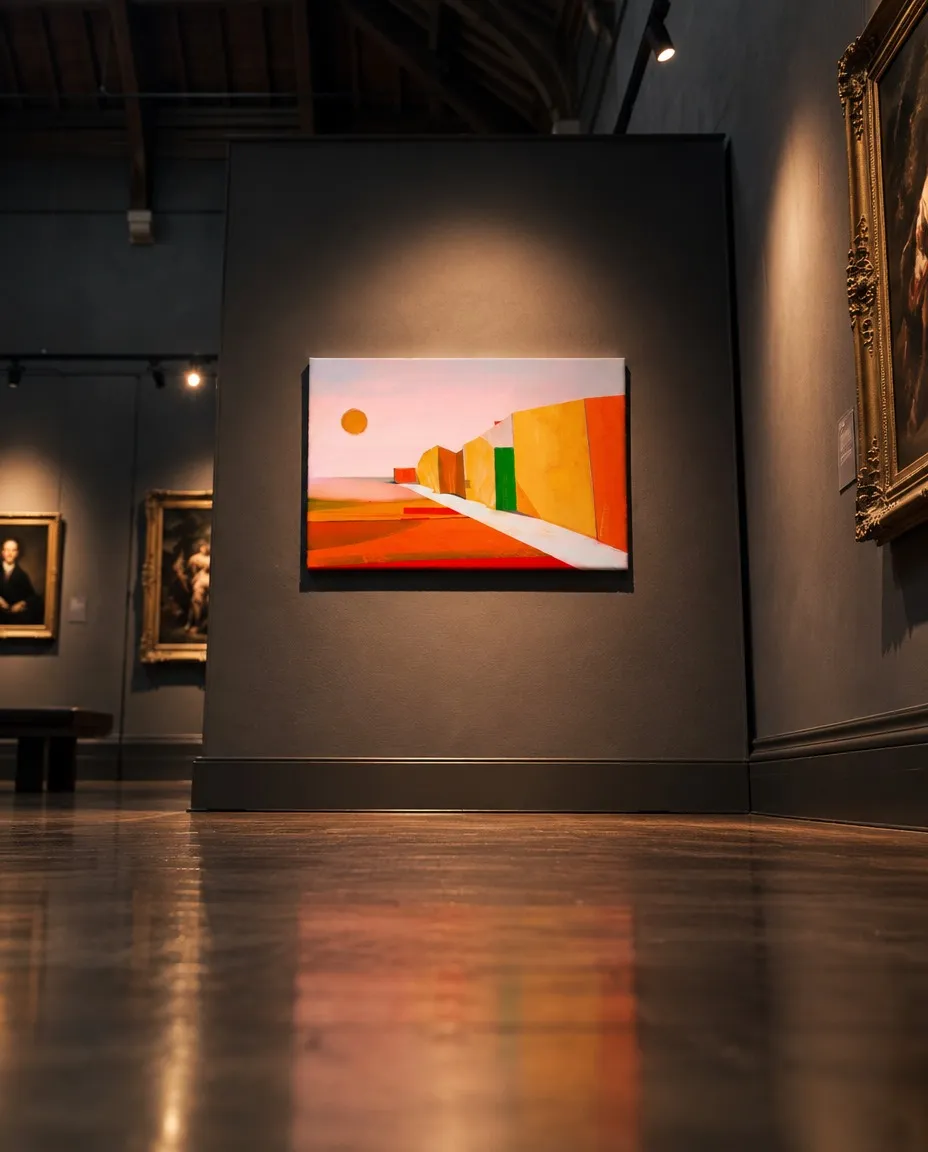 VIA SOLIS by Maurizio Valch displayed on a black wall in a museum gallery, surrounded by dark portraits; the painting brings together a white path, red planes, and yellow and orange blocks.