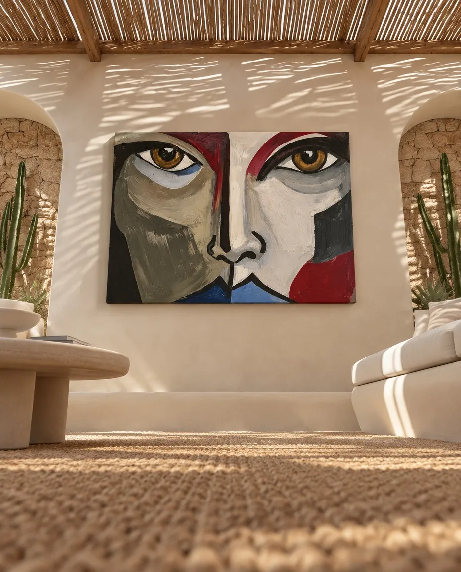 ASPECTUS by Maurizio Valch, a monumental divided-face painting with amber eyes, installed in a Mediterranean interior with pale walls, arches, and cacti.