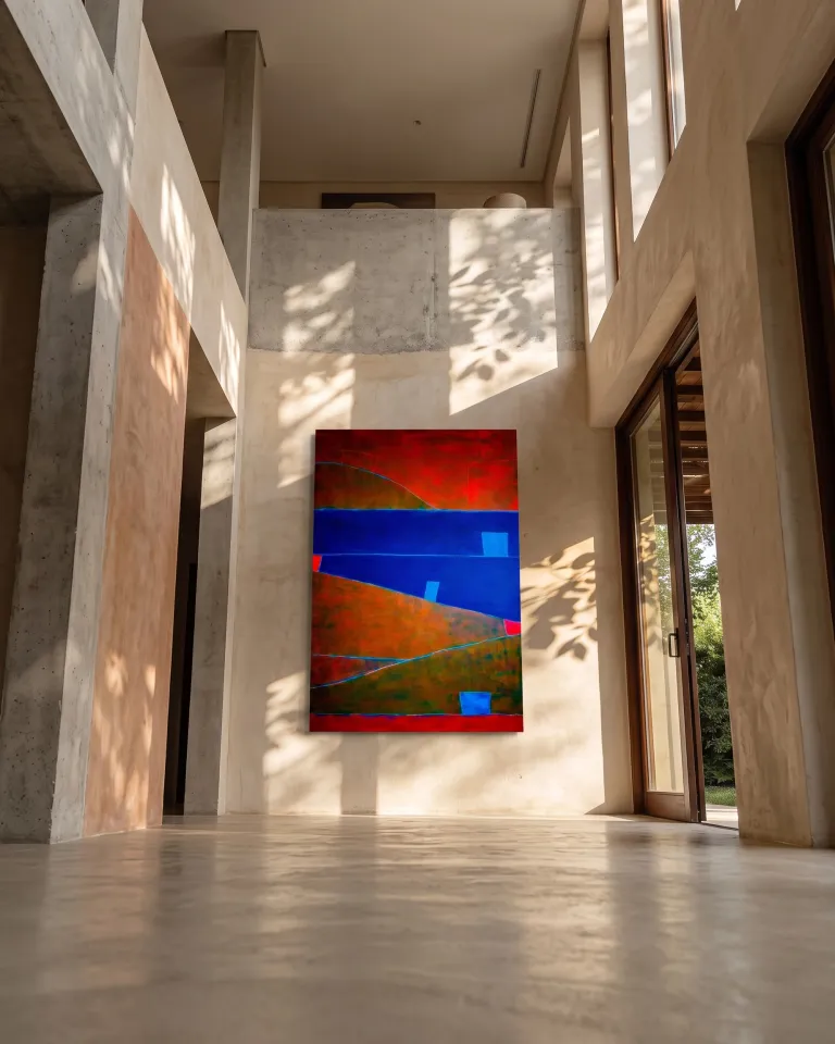Large-format abstract painting CLIVUS at the far end of a large concrete room with projected shadows of leaves.