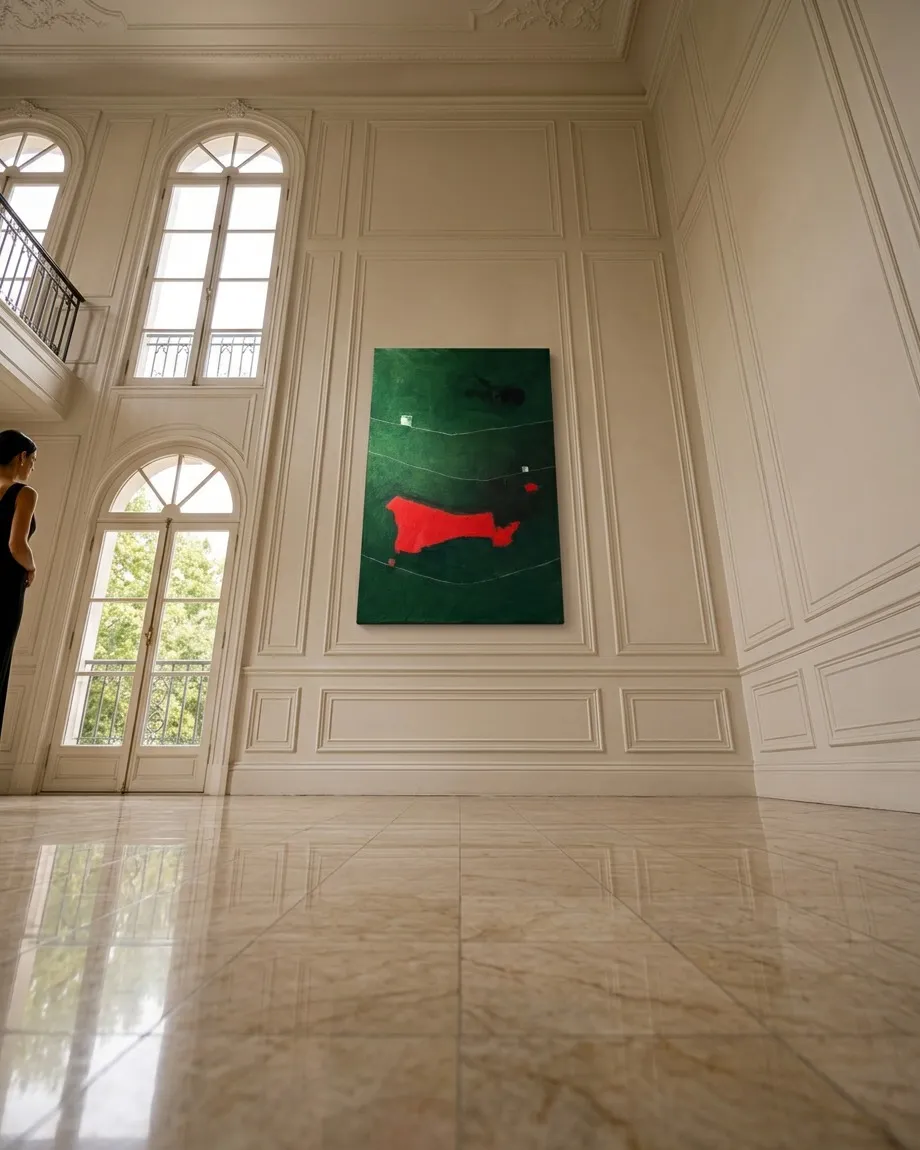 Vertical large-format abstract painting with a dark green background, a central red patch, and thin horizontal lines, hanging on a wall in a high-ceilinged living room.