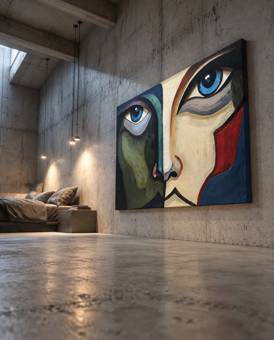 ACIES de Maurizio Valch en un interior de hormigón: pintura horizontal de un rostro fragmentado con ojo azul, planos verdes, marfil, rojo y negro.