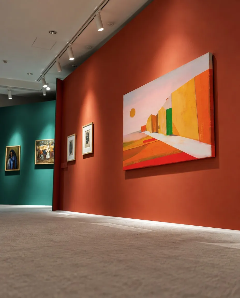 VIA SOLIS, obra abstracta de Maurizio Valch, instalada en una pared roja de galería; una vía blanca atraviesa campos rojos, naranjas y ocres hacia bloques amarillos y verdes bajo un cielo rosa pálido.