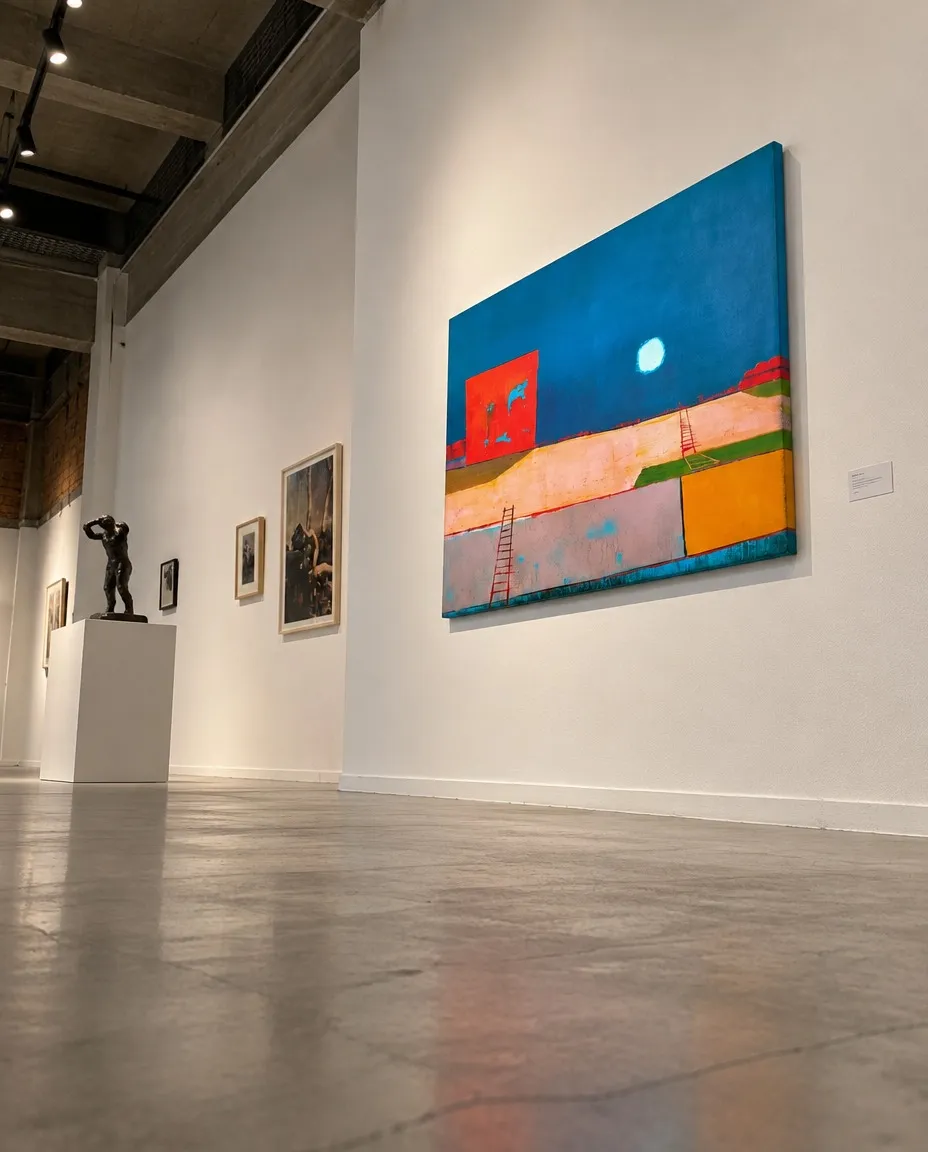 Side detail of LUX REMOTA showing the canvas edge, woven canvas texture, and red, blue, ochre, pink, and grey bands. A blurred gallery interior appears in the background.