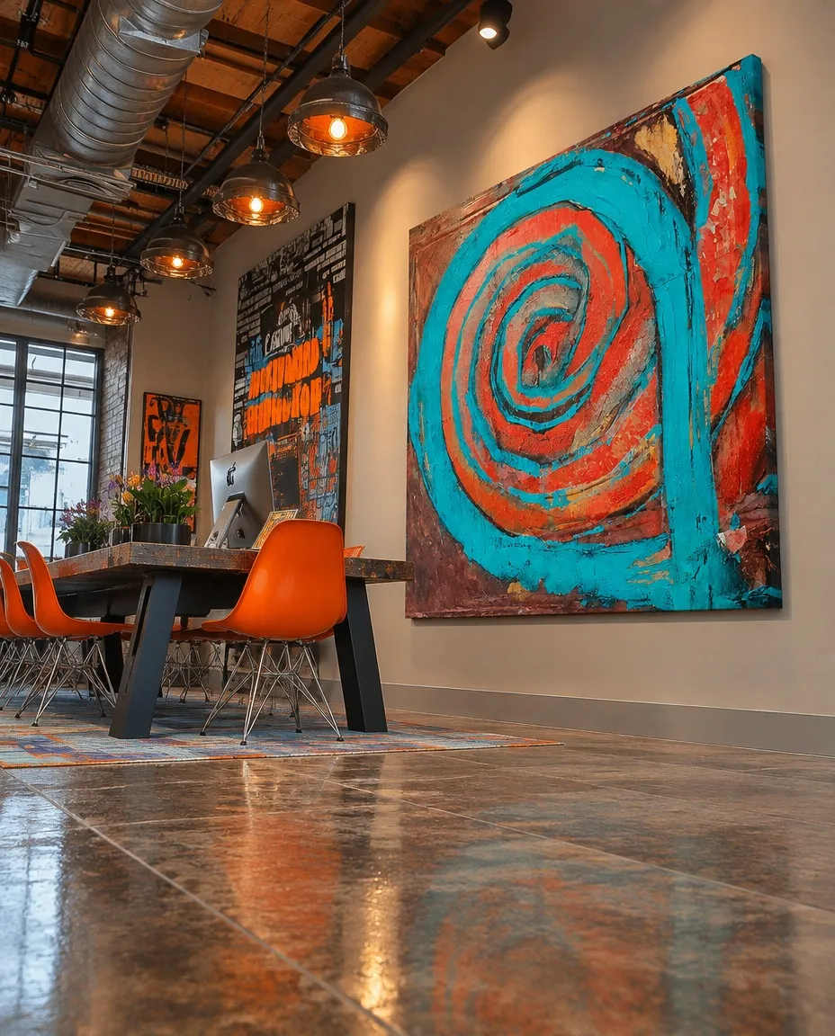 Pintura abstracta HAUSTUS de Maurizio Valch en una sala de reuniones con mesa de madera, sillas naranjas y reflejos sobre el suelo pulido.