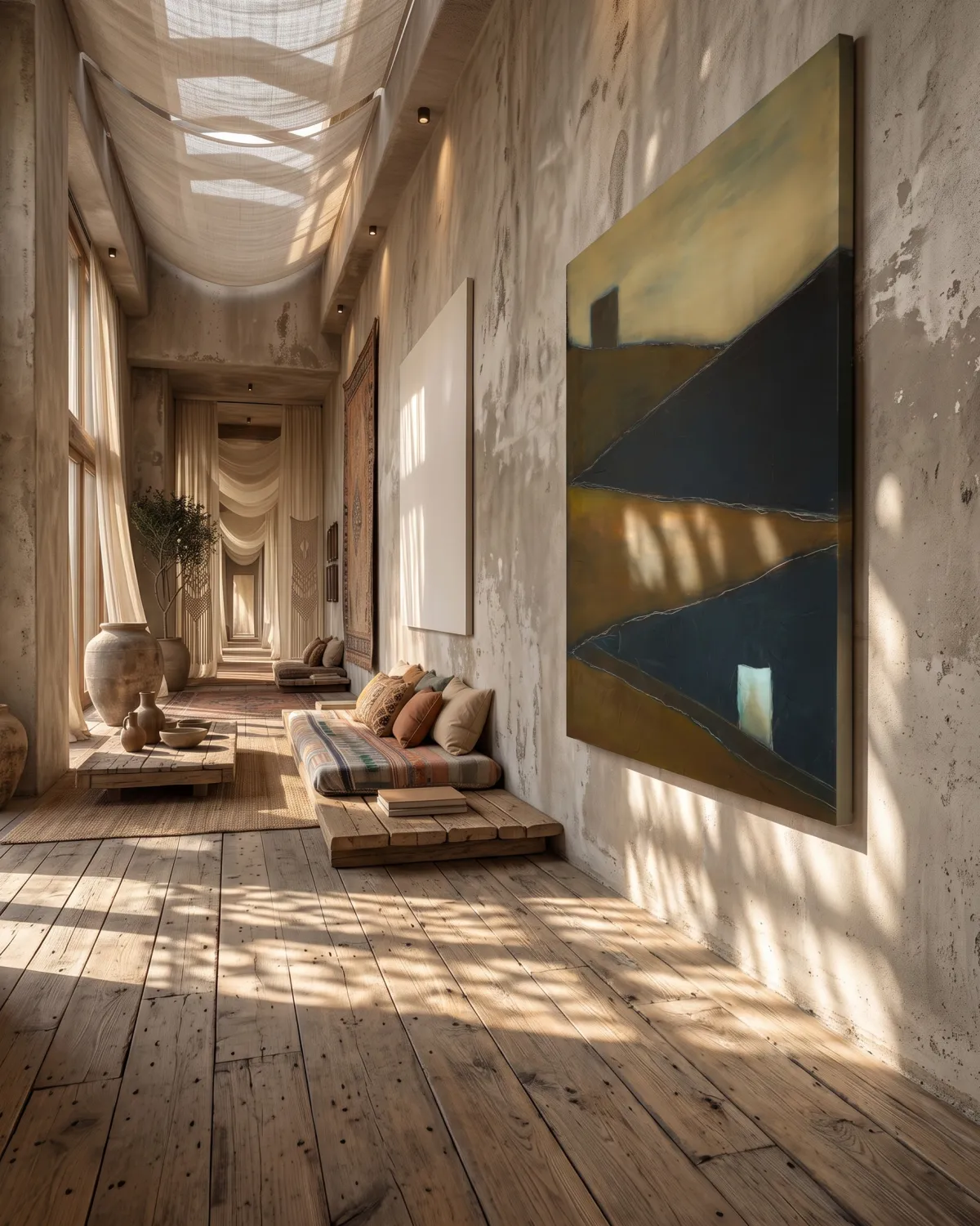 A low-angle, three-quarter perspective view of the vertical abstract painting TENSUM on a rustic plaster wall. The artwork features ochre and dark blue color fields divided by incised lines. To the left, a long, high-ceilinged corridor illuminated by soft overhead light shows low wooden benches with cushions and large ceramic vessels on wide-plank wood flooring.