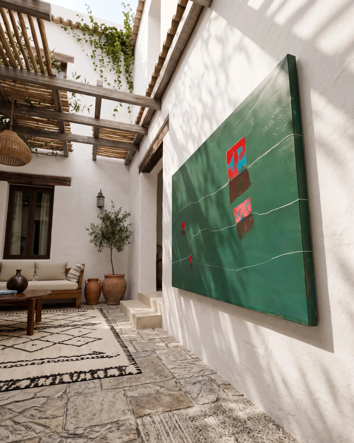 Abstract painting NEXUS by Maurizio Valch hanging on a Mediterranean courtyard wall under a wooden pergola with leaf shadows projected.