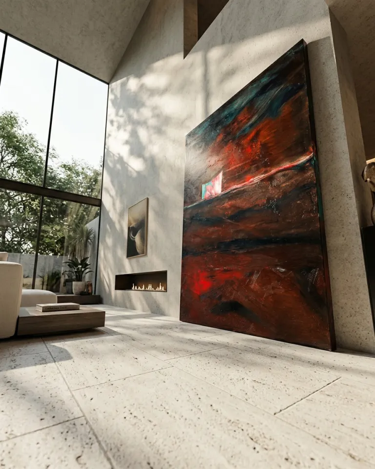 Perspective view of the painting What the Night Left Burning by Maurizio Valch in a room with limestone walls and natural light.