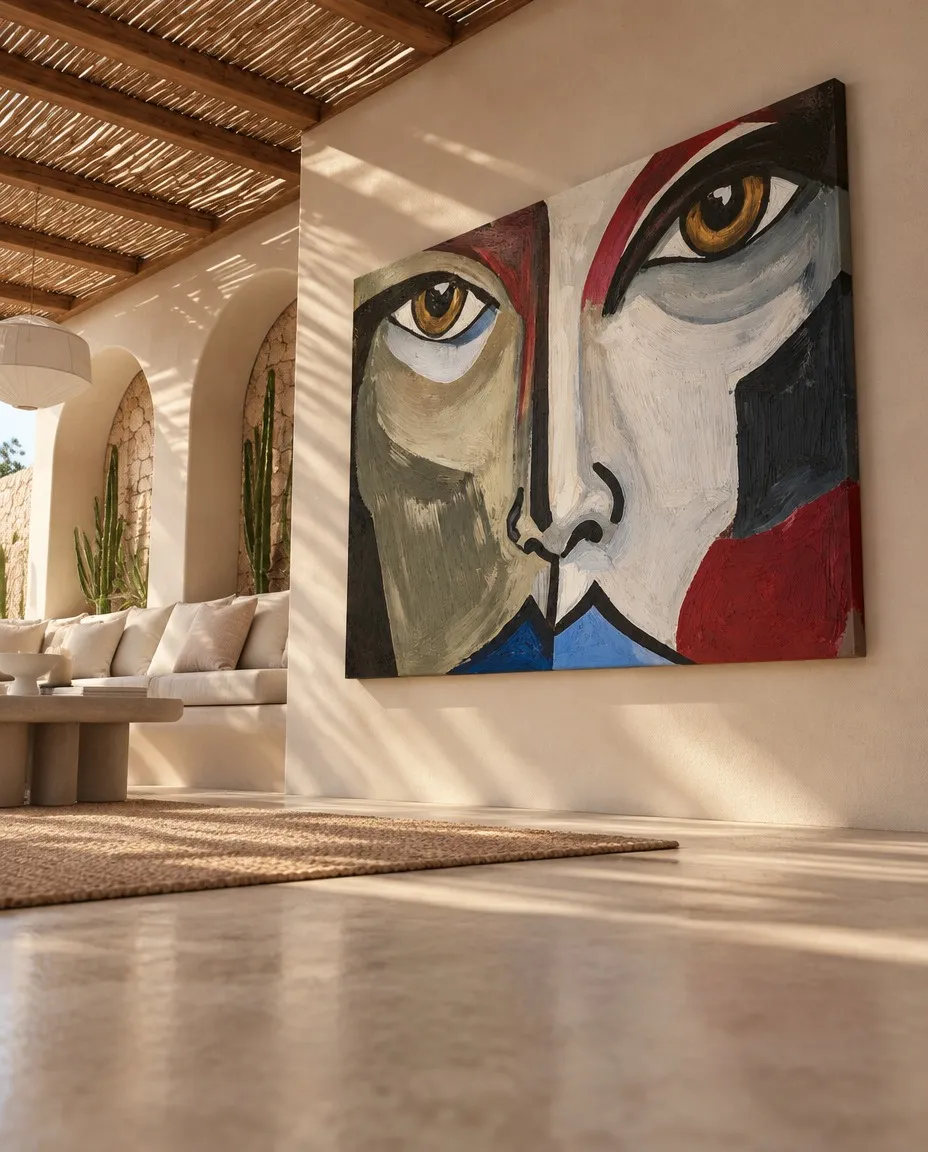 ASPECTUS de Maurizio Valch, gran pintura horizontal de un rostro fragmentado con ojos ocres, en la pared de un comedor mediterráneo con pérgola de madera.