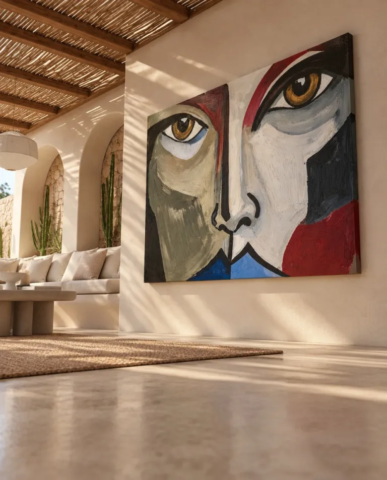 ASPECTUS by Maurizio Valch, a large horizontal painting of a fragmented face with ochre eyes, on the wall of a Mediterranean dining room with a wooden pergola.