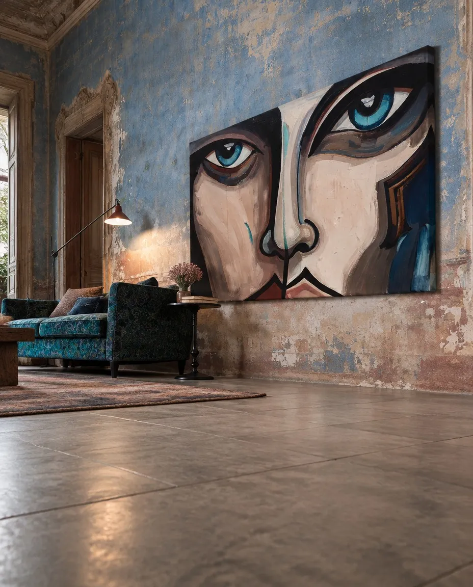 CUTIS by Maurizio Valch, a monumental painting of an asymmetrical face with blue eyes, placed on a weathered blue wall beside a sofa.