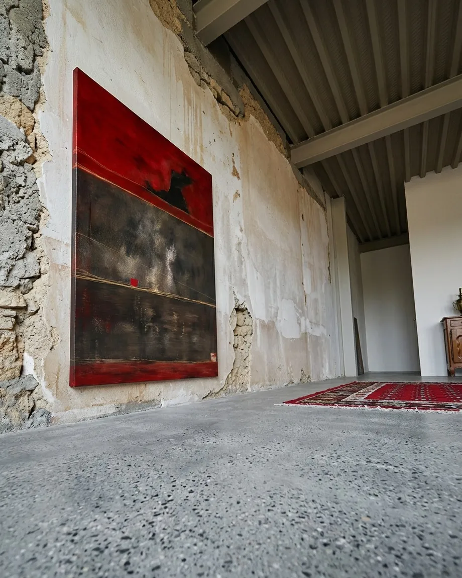 El gran lienzo de Maurizio Valch colgado sobre una pared rugosa y picada de ladrillo y yeso en un espacio industrial con techos altos y suelo de hormigón.