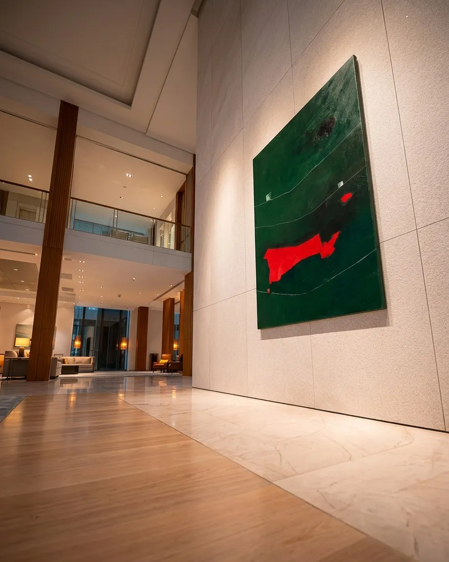 Wide-angle perspective from the floor showing Maurizio Valch's green abstract artwork installed in the grand lobby of a modern building with high ceilings.