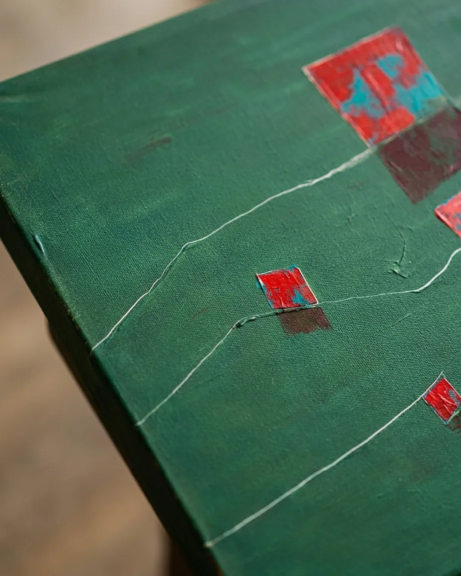 Horizontal abstract painting with a dominant dark green background. Three rectangular forms, red with turquoise blue accents, are asymmetrically placed. Darker, similar shapes appear beneath them, suggesting reflections or shadows. Two thin, wavy white lines traverse the canvas horizontally. The red blocks show visible impasto and scraping.