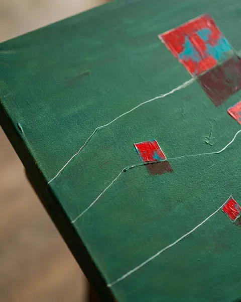 Horizontal abstract painting with a dominant dark green background. Three rectangular forms, red with turquoise blue accents, are asymmetrically placed. Darker, similar shapes appear beneath them, suggesting reflections or shadows. Two thin, wavy white lines traverse the canvas horizontally. The red blocks show visible impasto and scraping.