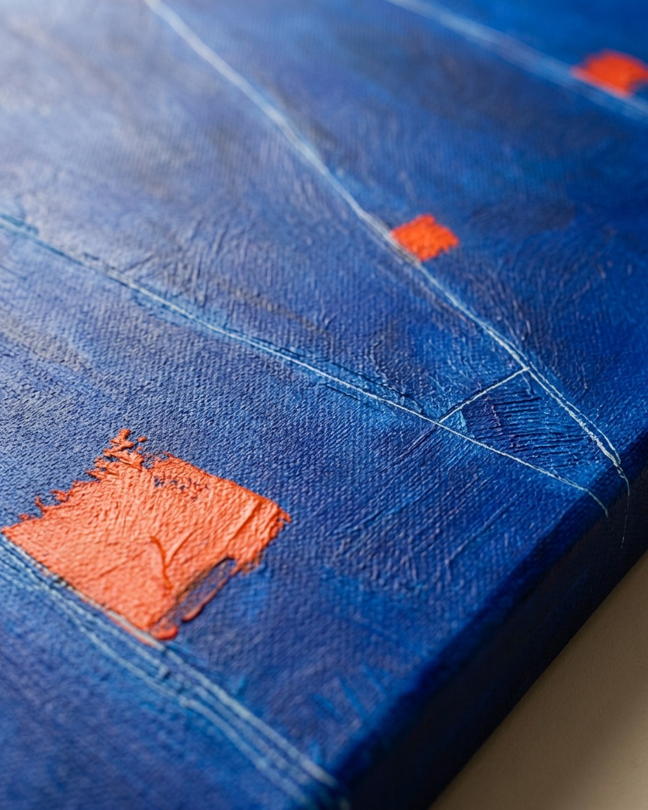Abstract painting with a deep blue background. Four red rectangular shapes are scattered across the canvas. Thin white lines, both horizontal and diagonal, traverse the blue field.