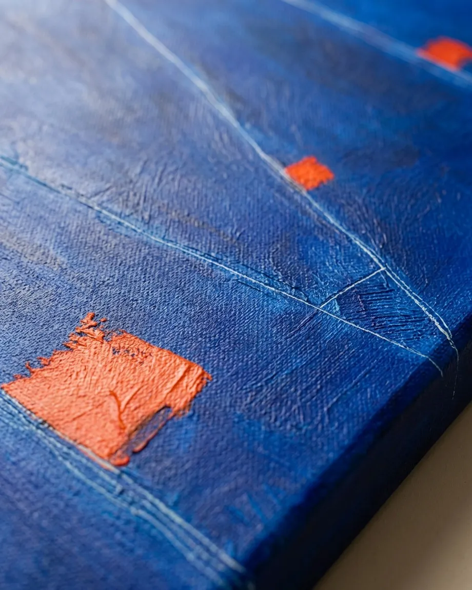 Vertical abstract painting. A dominant field of deep indigo blue covers the surface, traversed by fine, incised white lines forming diagonal and horizontal patterns. Four irregular rectangular blocks of intense red are positioned within the blue. The canvas texture is visible beneath the layered paint.