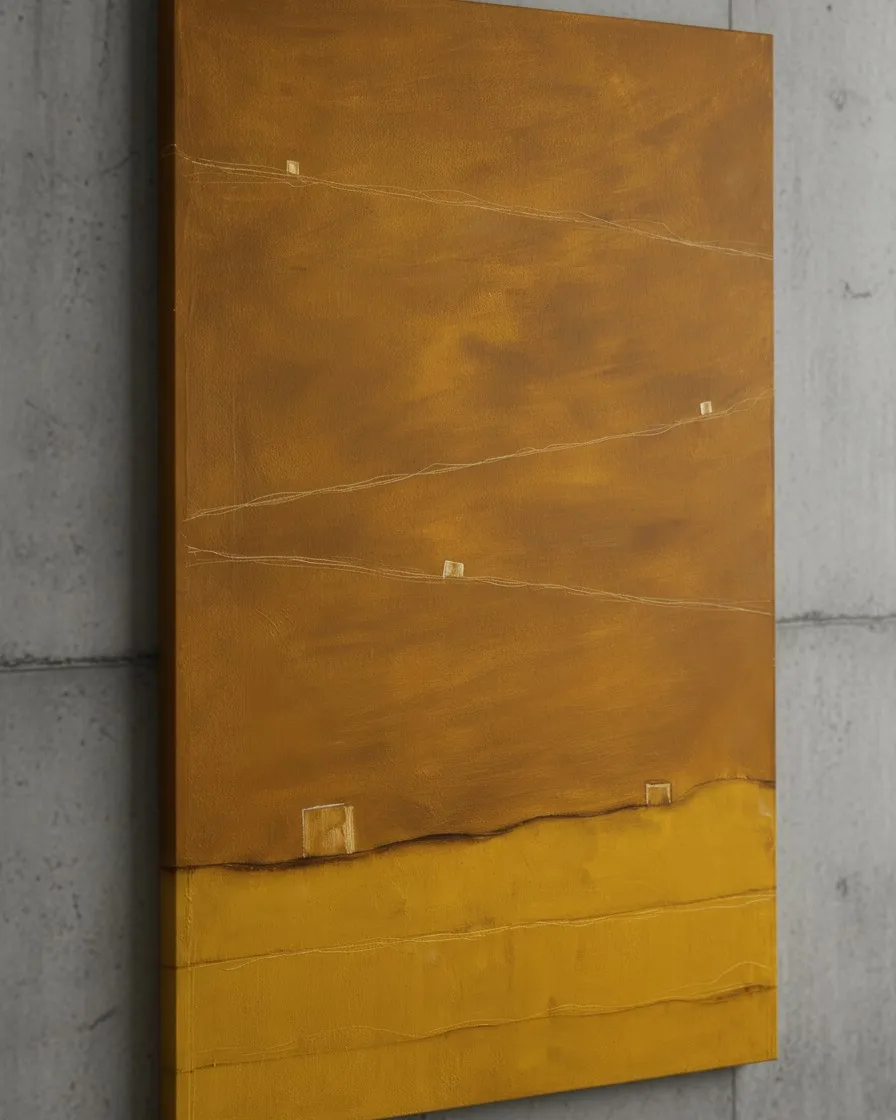 Close-up detail of the painting QUINQUE by Maurizio Valch, showing incised marks and relief on an ochre and yellow textured background.