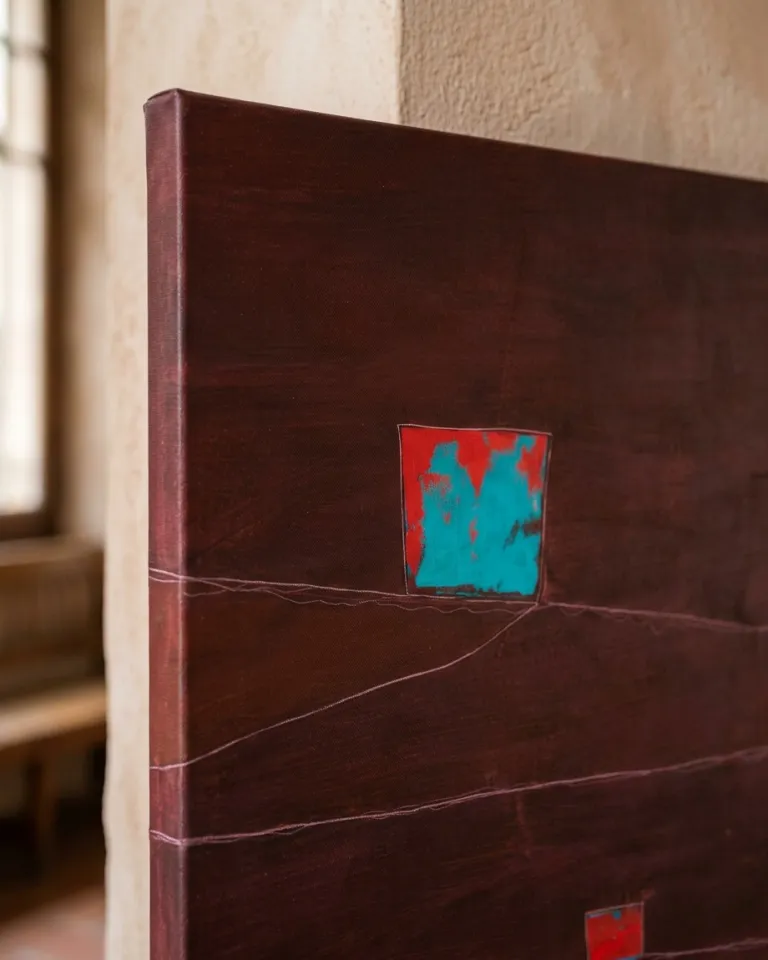 Primer plano de una pintura abstracta de Maurizio Valch, "STRATA XIII — FISSURA". La imagen muestra una superficie de lienzo con ricos tonos rojo oscuro y textura visible. Finas líneas incisas de color pálido cruzan la superficie y el borde del lienzo. Un bloque rectangular de color azul turquesa vibrante con toques rojos destaca en la parte superior izquierda, y un bloque rojo más pequeño se ve en la parte inferior derecha.