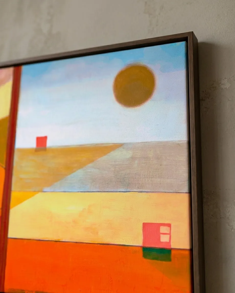 Close-up of an abstract painting by Maurizio Valch featuring horizontal color fields in light blue, ochre, orange, and deep red. Small geometric forms and a textured, material surface on canvas are visible.