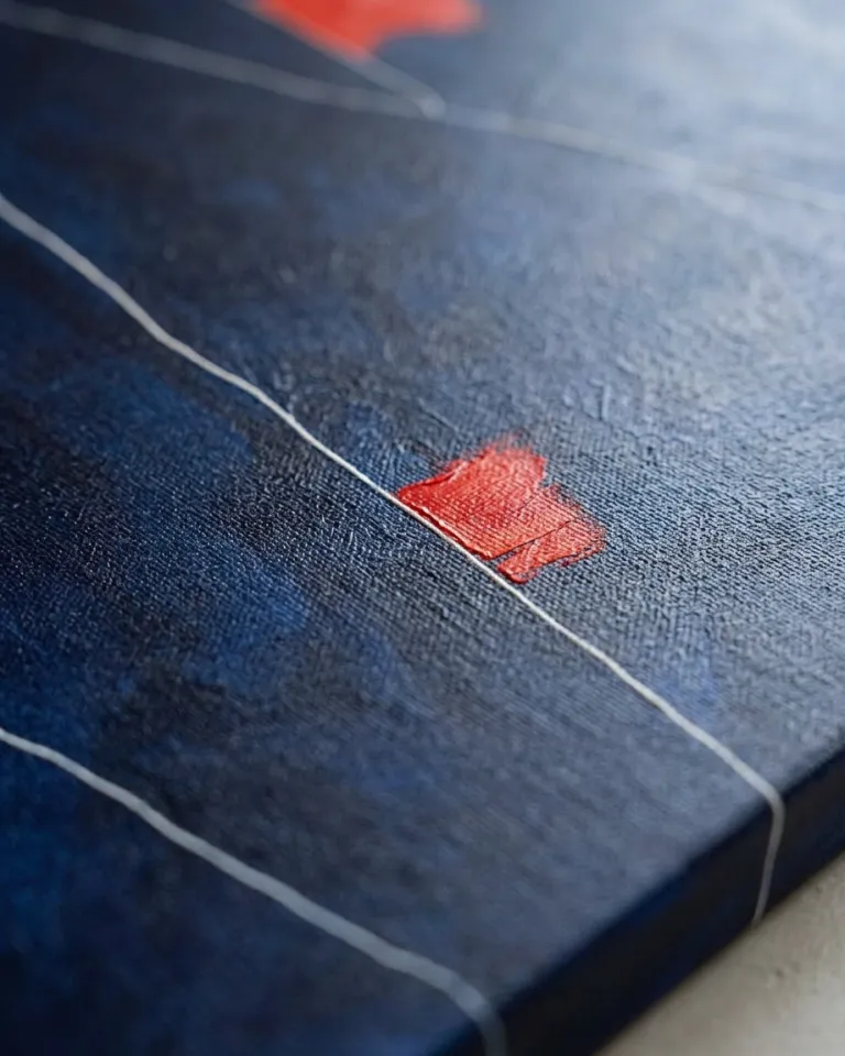 Close-up of an abstract painting on canvas featuring deep blue tones, a vibrant red mark, and incised white lines traversing a textured surface.