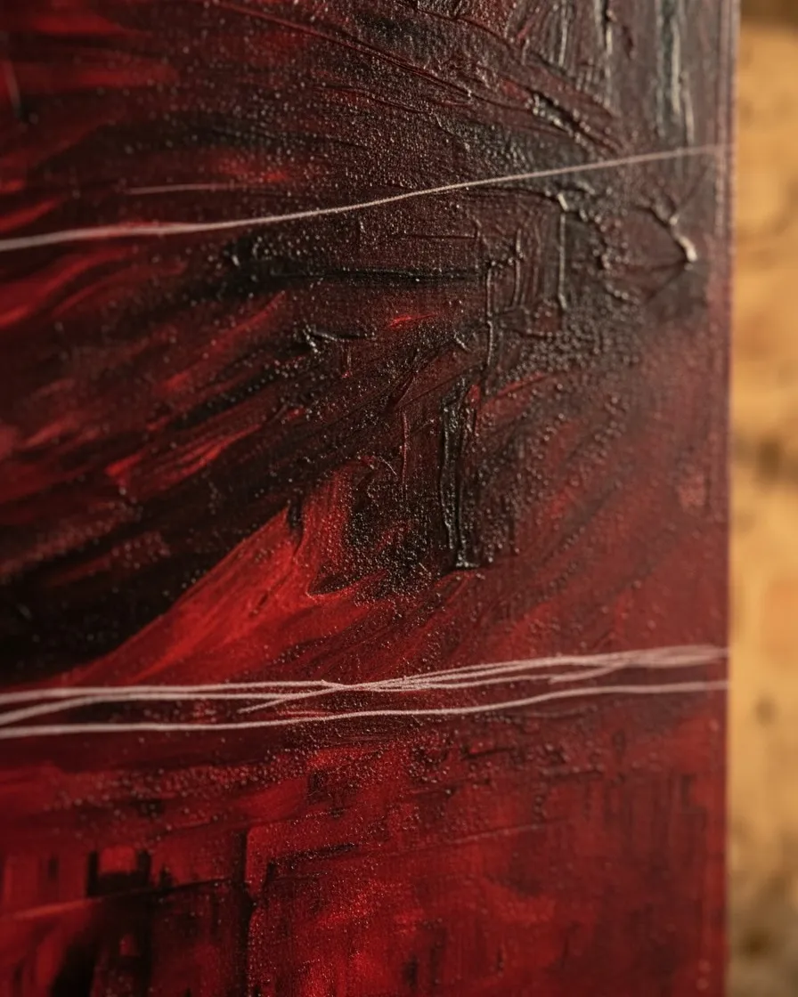 Primer plano macro de la superficie de la pintura abstracta DISPERSA con pintura de óleo carmesí espeso y ennegrecido atravesada por finas líneas incisas blancas.