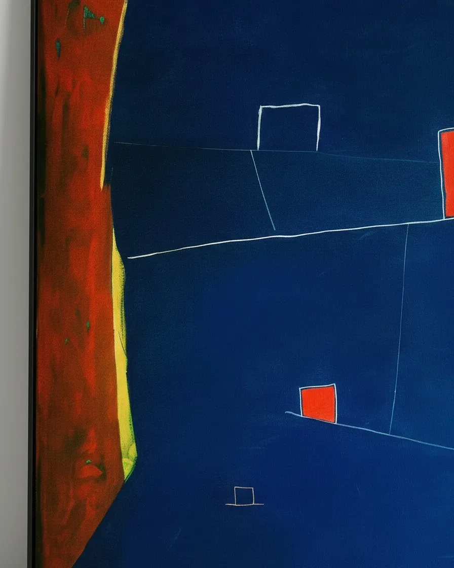Close-up of a vertical abstract painting. The crop shows a textured rust-orange lateral band with a bright yellow border next to a deep cobalt blue field. Fine white lines support a small red quadrant, revealing the visible canvas grain and painted surface.