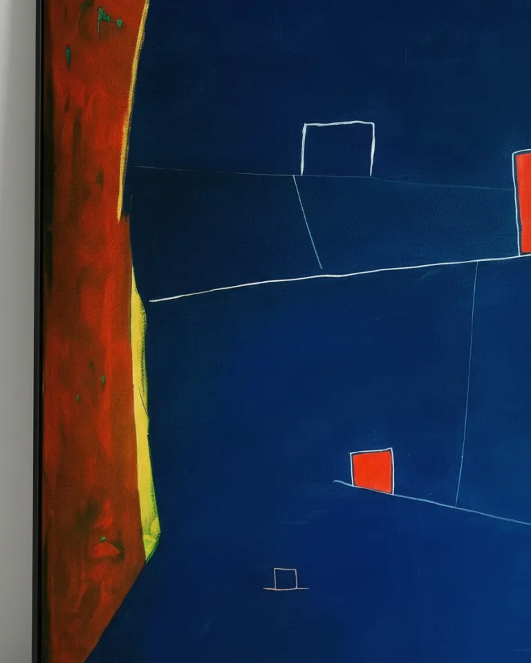Close-up of a vertical abstract painting. The crop shows a textured rust-orange lateral band with a bright yellow border next to a deep cobalt blue field. Fine white lines support a small red quadrant, revealing the visible canvas grain and painted surface.