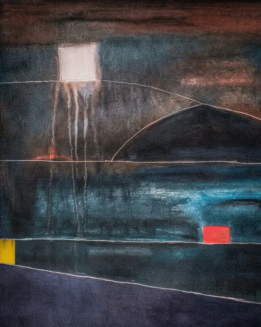 Vertical abstract painting by Maurizio Valch. Dark blue and brown tones dominate, divided by horizontal bands. Small rectangular blocks in red, yellow, and white, along with incised lines, are distributed across the composition. At the bottom, a small staircase ascends towards an opening in a dark plane. The surface features textures and paint drips.