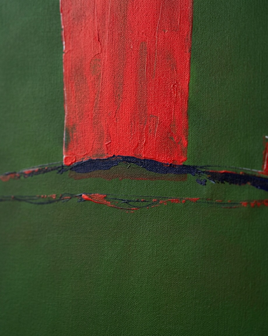 Close-up of an abstract painting with a highly textured, thick vertical red block of paint against a dark green background. Below the red block are horizontal textured lines of dark color and scattered red paint, revealing the canvas weave.