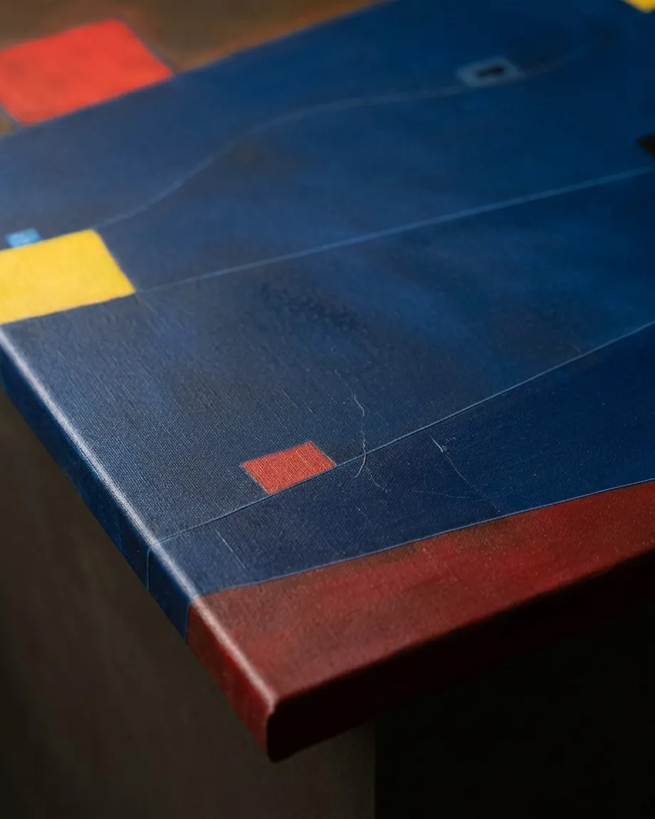 Vertical abstract painting with a large central indigo blue field divided by thin diagonal incised lines. At the top, a bright red square stands out against a dark brown background. Two yellow blocks occupy the far lateral edges. Small red, black, and light blue squares are distributed across the surface. The base features a dense, textured horizontal red band.