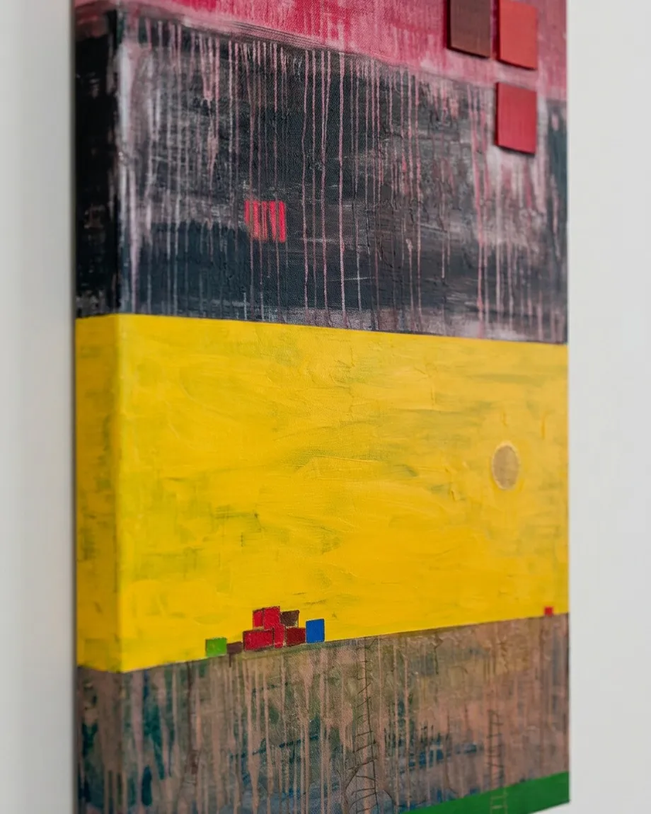 Vertical abstract painting by Maurizio Valch, 80 x 120 cm. Features five horizontal bands. The top band is dark red and highly textured, with three raised red squares. Below it, a black band shows vertical pink drips. The third band is a bright yellow field with an ochre circle and small color blocks. The penultimate band is brownish-gray with textures and incised lines suggesting steps. The bottom band is green.