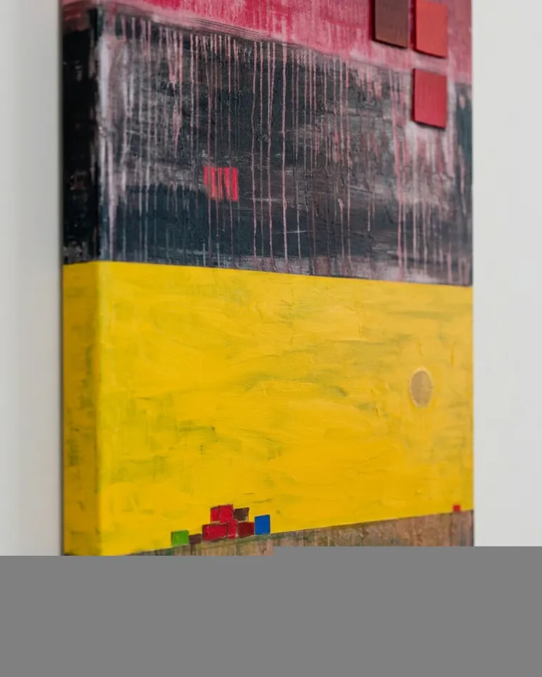 Vertical abstract painting by Maurizio Valch, 80 x 120 cm. Features five horizontal bands. The top band is dark red and highly textured, with three raised red squares. Below it, a black band shows vertical pink drips. The third band is a bright yellow field with an ochre circle and small color blocks. The penultimate band is brownish-gray with textures and incised lines suggesting steps. The bottom band is green.