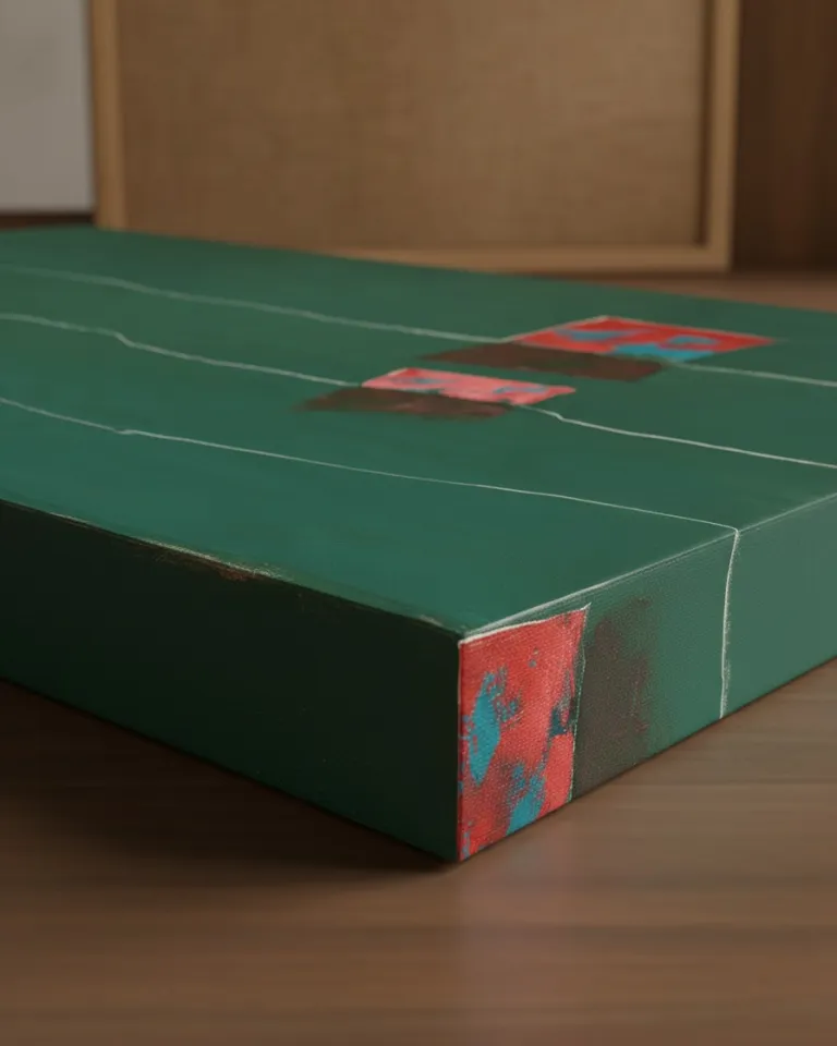 Close-up view of the corner of a horizontal abstract painting. The dark green canvas is visible, with paint wrapping around the edge. Irregular crimson red and turquoise blue blocks appear on the front and the edge. Two thin, wavy white lines traverse the green surface. The texture of impasto and scraped areas is visible, along with the depth of the stretcher.