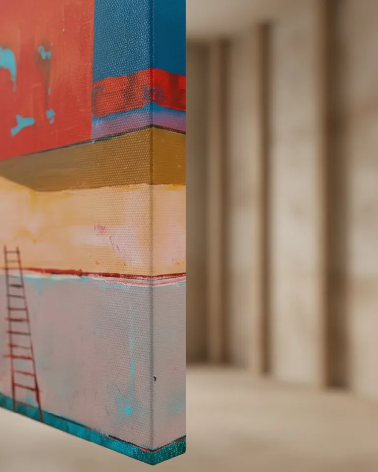 Close-up of a horizontal abstract painting showing blocks of crimson red, ochre, and pale blue. A red incised line and a ladder-like motif emerge from the blue block. The canvas surface reveals texture. The visible side edge is painted in a teal blue tone.
