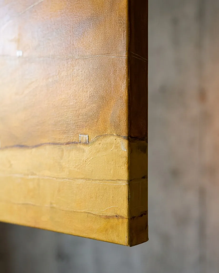 Vista de cerca del borde de la pintura abstracta 'STRATA V — QUINQUE'. Se aprecian las texturas de acrílico y óleo en tonos ocre y amarillo sobre lienzo, extendiéndose por el canto. El fondo es una pared de hormigón gris rugoso. La luz direccional realza los empastes, las líneas incisas y los pequeños bloques, destacando la materialidad de la obra.