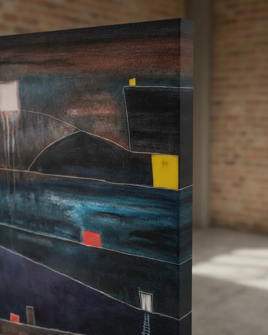 Detail of Maurizio Valch's vertical abstract painting 'ADITUS', shown from the side. Visible layers of acrylic and oil paint on canvas, with incisions and rich texture. Dark blue and brown tones dominate the composition, which includes geometric forms and a small ladder.