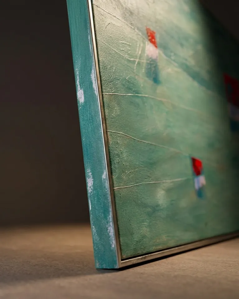 Close-up of Maurizio Valch's horizontal abstract painting 'STRATA VIII - TRIA', viewed from an oblique angle. The canvas edge, painted in teal green, is visible alongside a thin metal frame. The artwork's surface, executed in acrylic and oil, shows rich textures, impasto, and incised lines. Fragments of teal green fields and red monolithic forms are discernible under side lighting, emphasizing their relief.