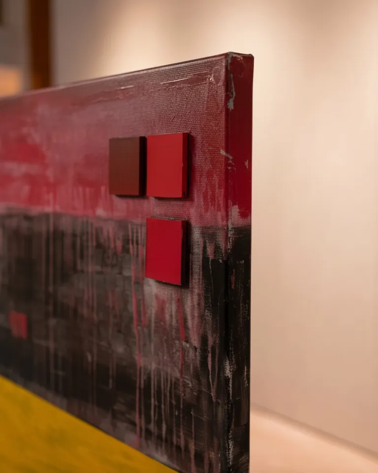 Close-up of a vertical abstract painting, highlighting its upper right corner. A textured, dark red band displays three raised, rectangular red elements. Below this, a black band features vertical reddish drips over marked brushstrokes. The thick, painted canvas edge is prominent, set against a smooth, neutral wall.