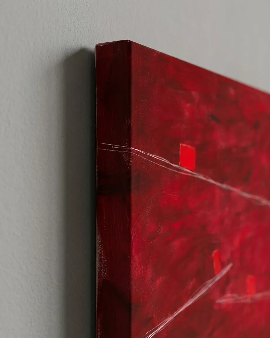 Pintura abstracta vertical 'STRATA IV — DECLIVIS' de Maurizio Valch, vista de cerca. Se observa el borde superior izquierdo del lienzo, donde la profundidad de 3 cm es visible. El color rojo carmesí se extiende por el lateral, mostrando la continuación de la pintura. La superficie frontal, con su textura y líneas blancas incisas, se aprecia parcialmente, y una sutil sombra se proyecta sobre la pared gris clara adyacente.