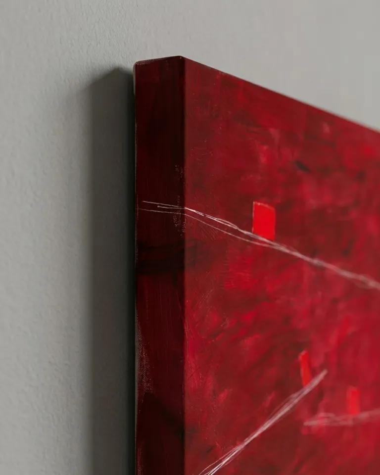 Vertical abstract painting, 'STRATA IV — DECLIVIS' by Maurizio Valch, in a close-up view. The upper left edge of the canvas is visible, showing crimson red paint extending onto the side. A textured front surface with white incised lines is partially seen, casting a subtle shadow on the adjacent light gray wall.