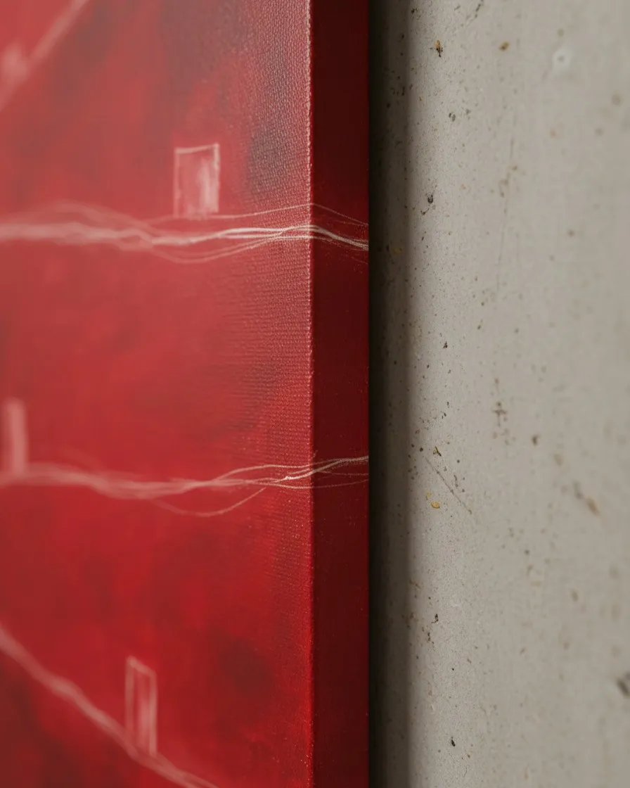 Primer plano oblicuo del canto lateral de un lienzo vertical pintado de rojo carmesí. Se observa la textura del tejido de la tela y la sombra suave que proyecta sobre una pared beige de acabado mineral y poroso. Finas líneas horizontales blancas cruzan el borde lateral, mostrando la continuidad de la composición frontal hacia los lados del bastidor.